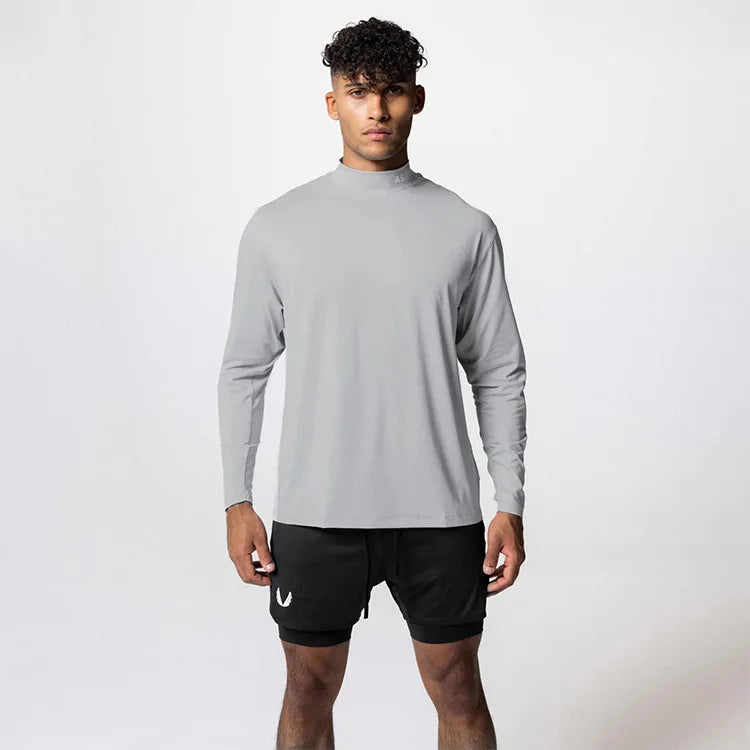 Gym Men's Display Pectoral Muscle Fitness Sweatshirt Workout Turtleneck Long Sleeve T-shirt Training Tops Regular Casual Tees
