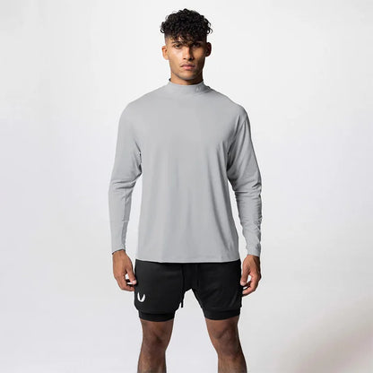 Gym Men's Display Pectoral Muscle Fitness Sweatshirt Workout Turtleneck Long Sleeve T-shirt Training Tops Regular Casual Tees