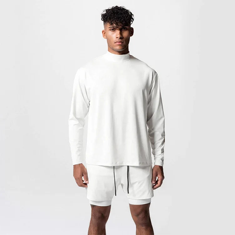 Gym Men's Display Pectoral Muscle Fitness Sweatshirt Workout Turtleneck Long Sleeve T-shirt Training Tops Regular Casual Tees